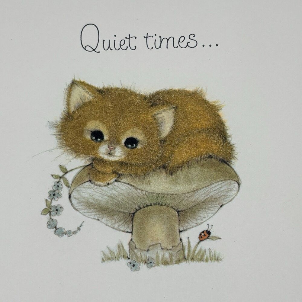 Vintage Hallmark Charmers Velveted Kitten Card Quiet Times Flocked Cat Mushroom